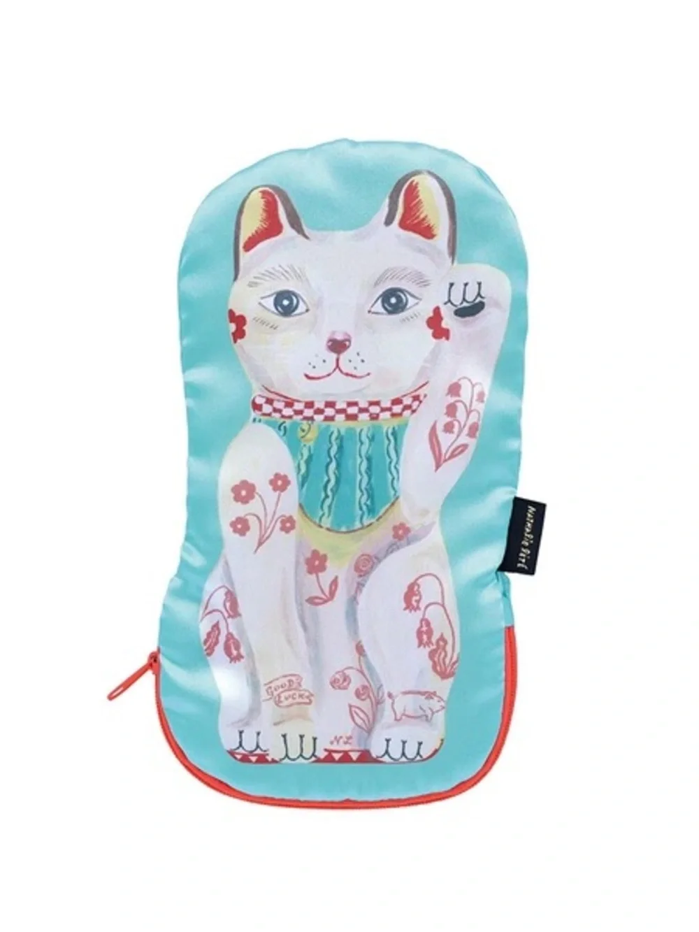 Nathalie Lete! Zipper satin fabric pouch. Good luck cat! Brand New!